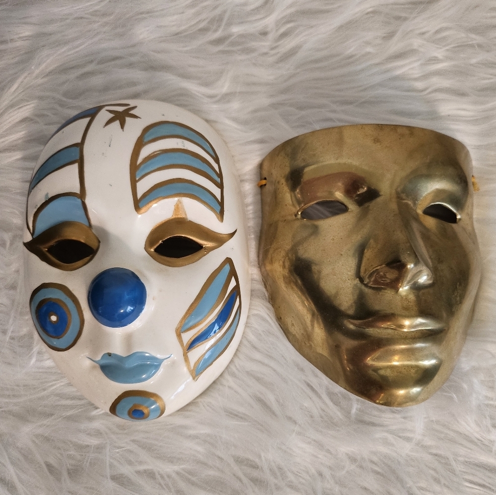📣 2 - Vintage 1980s 1- Brass Mask 🎭 1 -Gold & Blue 🎭 😍 Great Gift 🎁